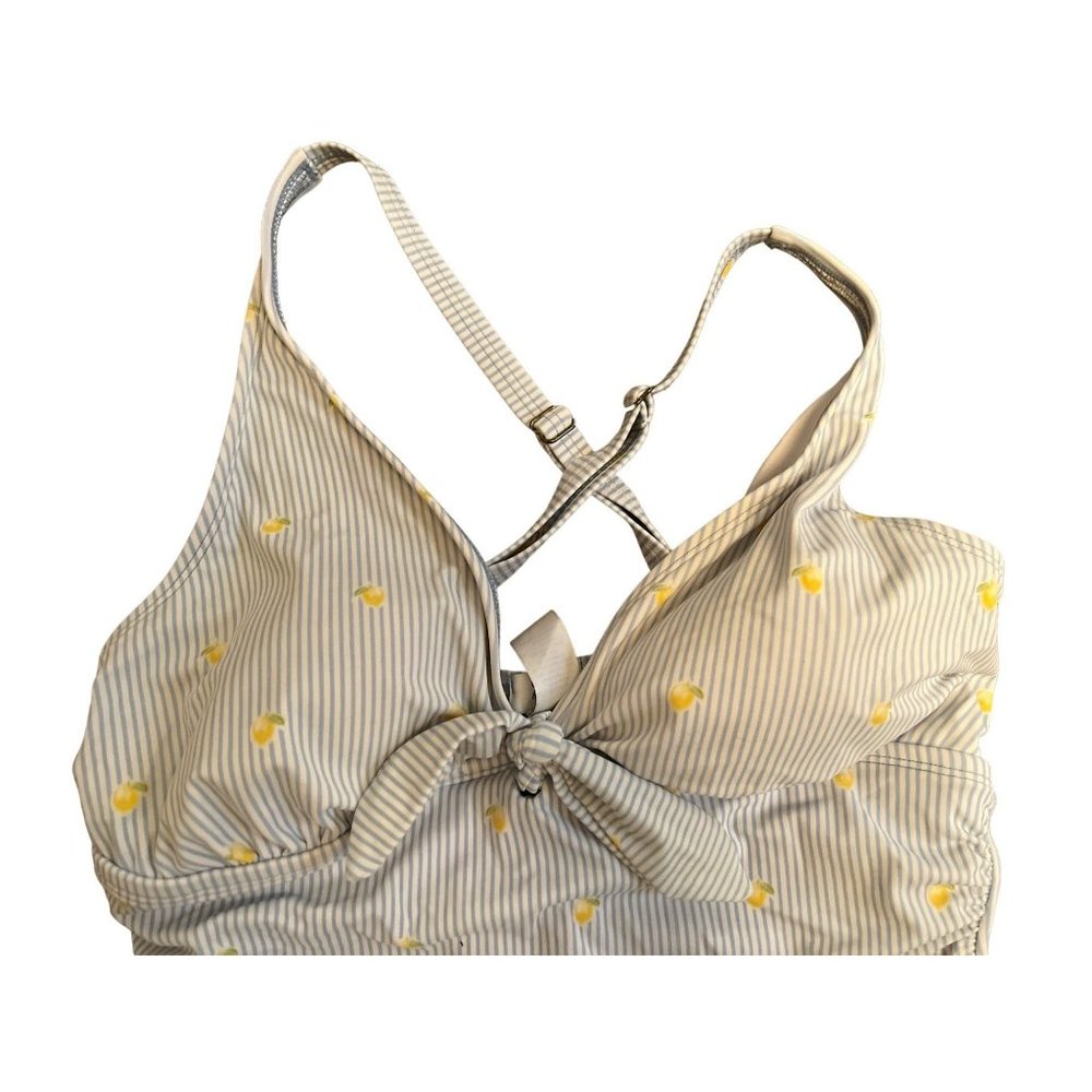 Crown & Ivy Womens 1 Piece Bathing Suit L White Blue Striped Yellow Floral Ruffl - Picture 4 of 5